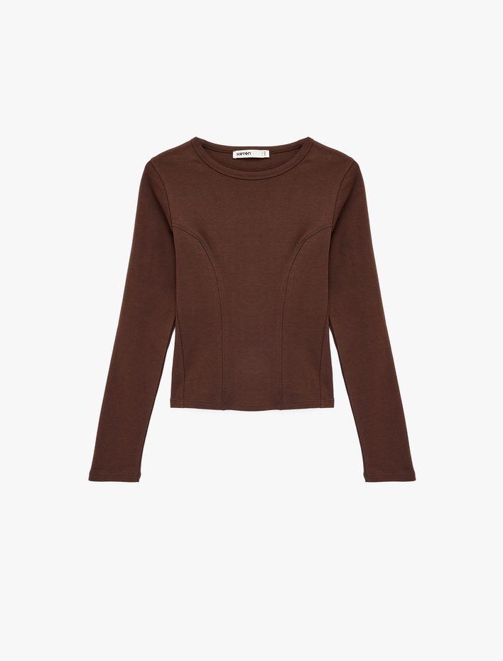  Pamuklu Slim Fit Uzun Kollu Dikiş Detaylı Bisiklet Yaka Tişört