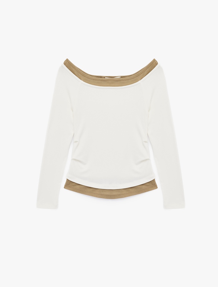  Slim Fit Kayık Yaka Viskon Uzun Kollu Tişört