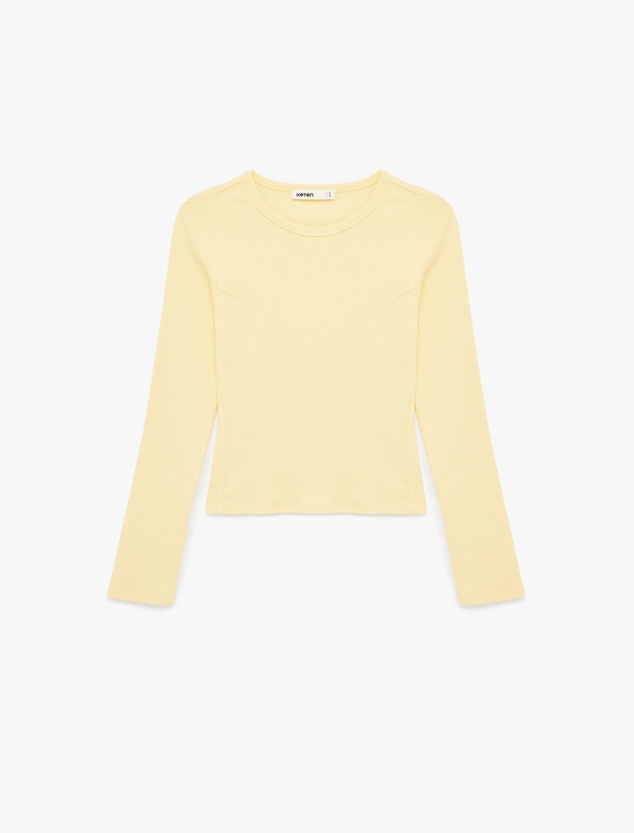  Pamuklu Slim Fit Uzun Kollu Dikiş Detaylı Bisiklet Yaka Tişört