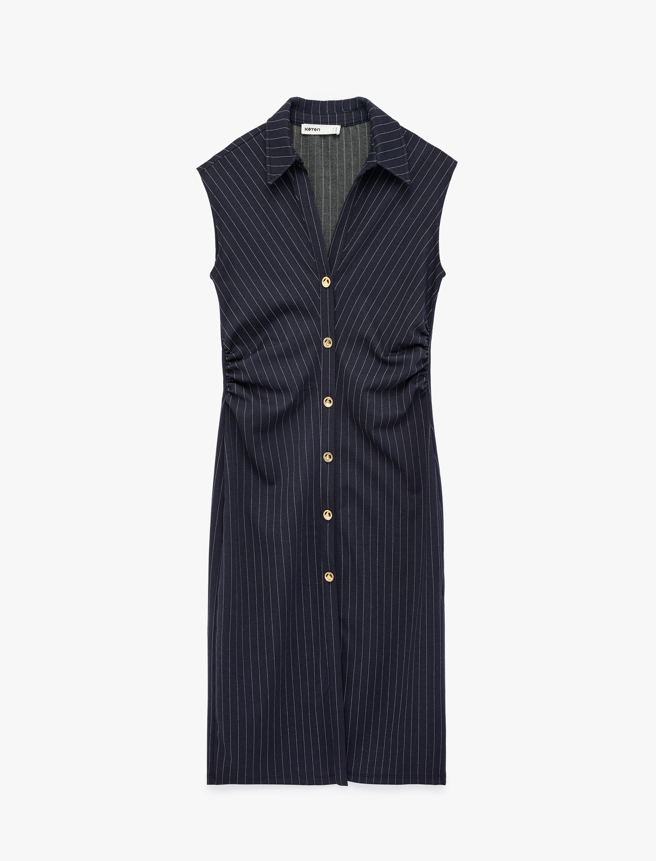   Slim Fit Drape Detaylı Düğmeli Kolsuz Midi Boy Gömlek Elbise