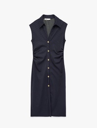 Slim Fit Drape Detaylı Düğmeli Kolsuz Midi Boy Gömlek Elbise