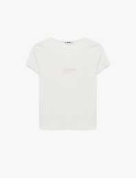 Kısa Kollu Bisiklet Yaka Taşlı Arkası Melek Baskılı Crop Tişört