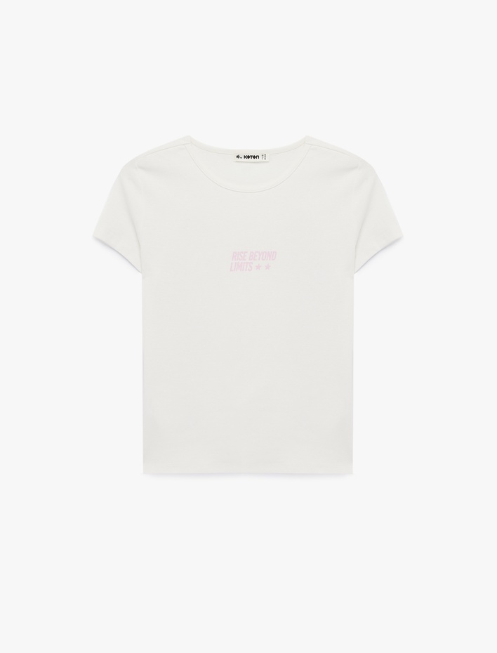  Kısa Kollu Bisiklet Yaka Taşlı Arkası Melek Baskılı Crop Tişört