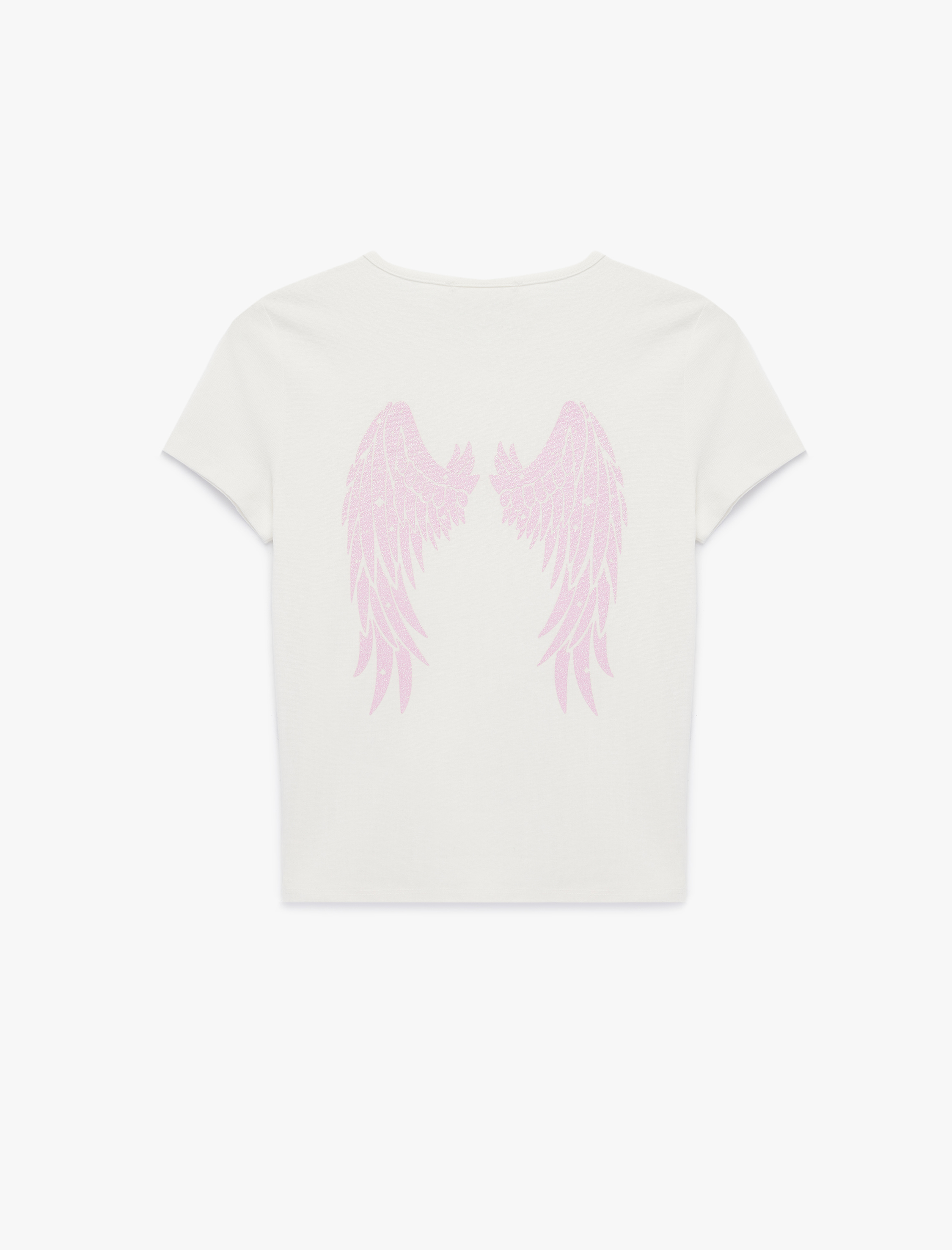   Kısa Kollu Bisiklet Yaka Taşlı Arkası Melek Baskılı Crop Tişört