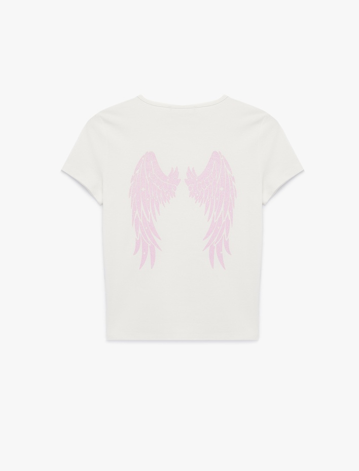  Kısa Kollu Bisiklet Yaka Taşlı Arkası Melek Baskılı Crop Tişört