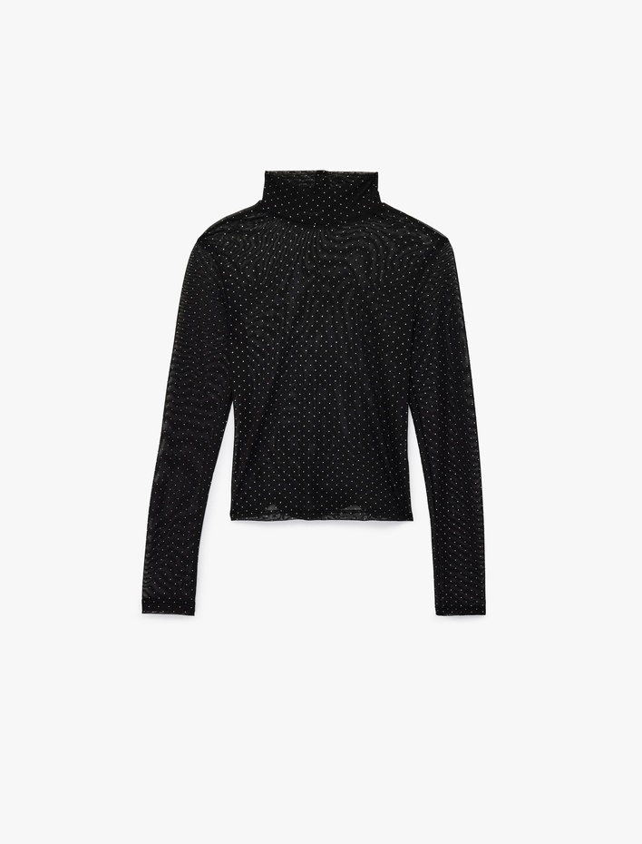  Transparan Uzun Kollu Dik Yaka Tül Taşlı Bluz