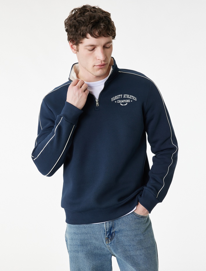  Regular Fit Uzun Kollu Nakışlı Şardonlu Yarım Fermuarlı Sweatshirt