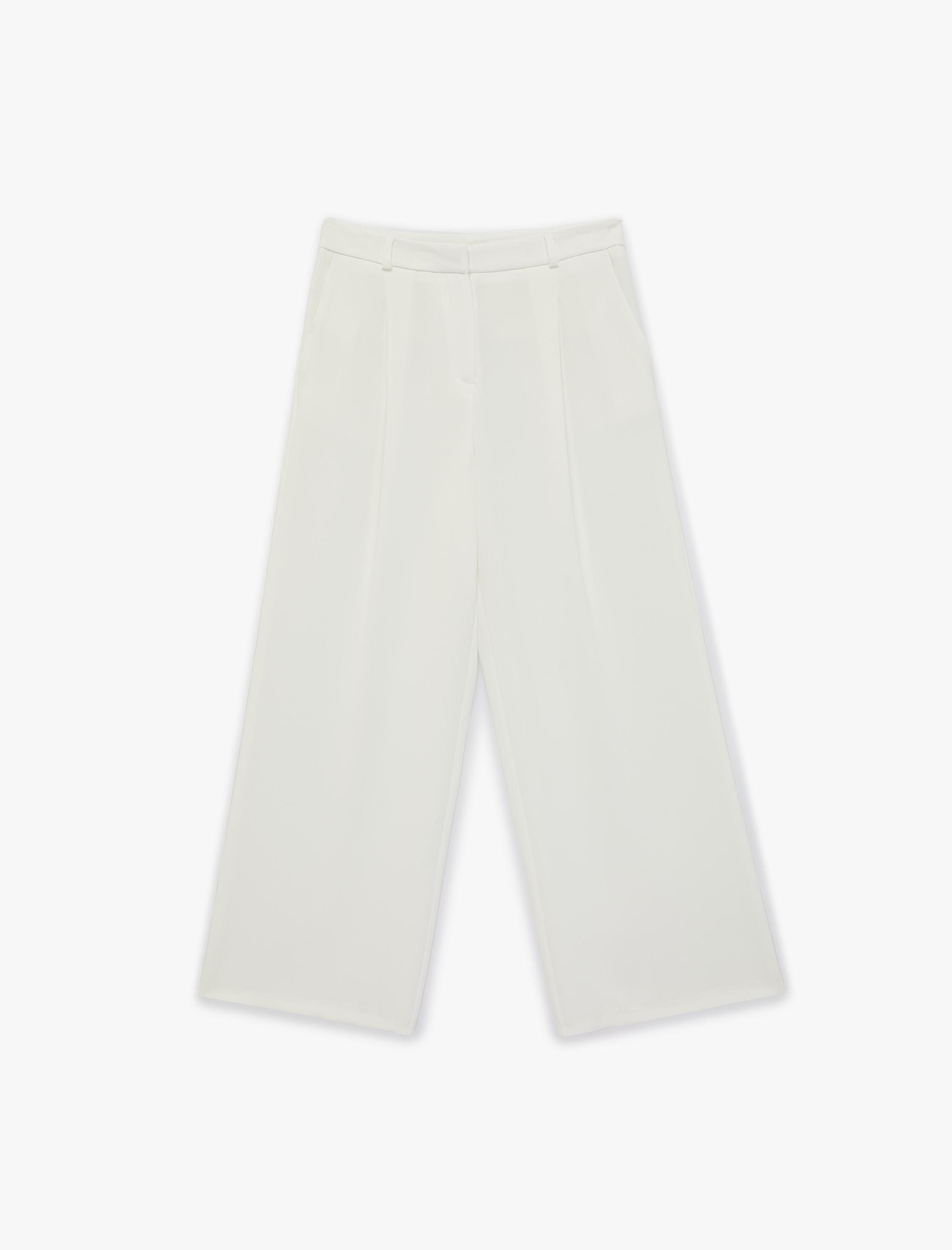   Krep Kumaş Cepli Pileli Düz Geniş Paça Pantolon