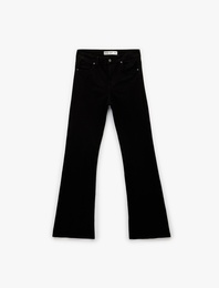 Yüksek Bel Slim Fit Cepli Düğmeli Pamuklu İspanyol Paça Denim Pantolon - Flare Jeans