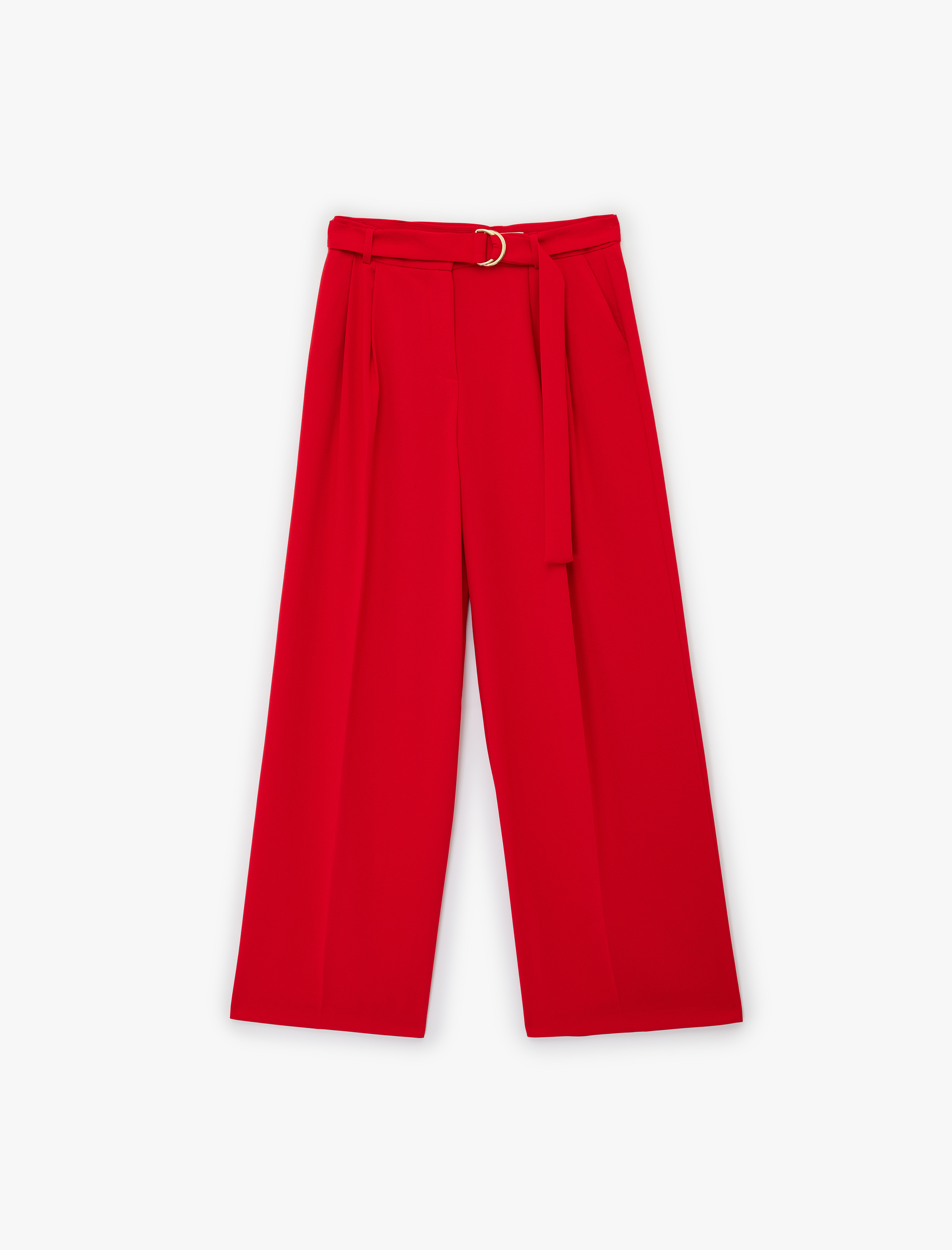   Krep Kumaş Cepli Pile Detaylı Bol Paça Kemerli Pantolon