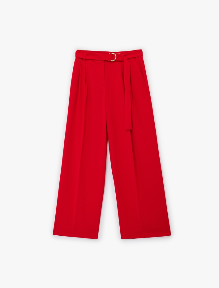  Krep Kumaş Cepli Pile Detaylı Bol Paça Kemerli Pantolon