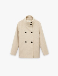 Uzun Kollu Düğmeli Cepli Dik Huni Yaka Kaşe Kaban