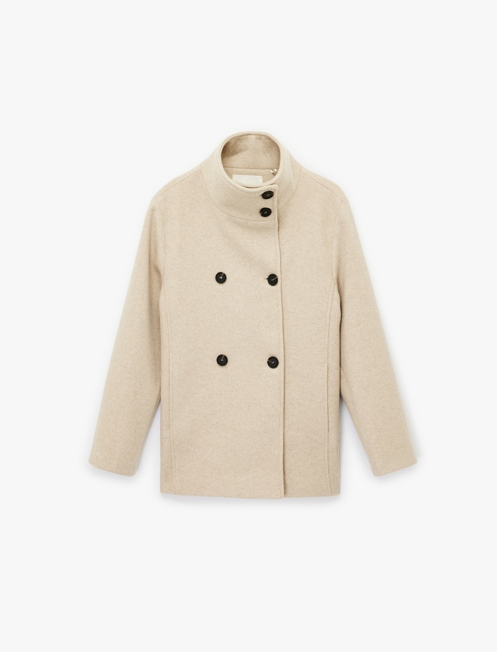  Uzun Kollu Düğmeli Cepli Dik Huni Yaka Kaşe Kaban