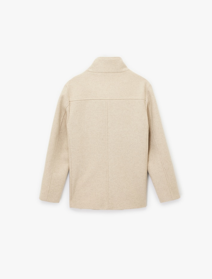  Uzun Kollu Düğmeli Cepli Dik Huni Yaka Kaşe Kaban