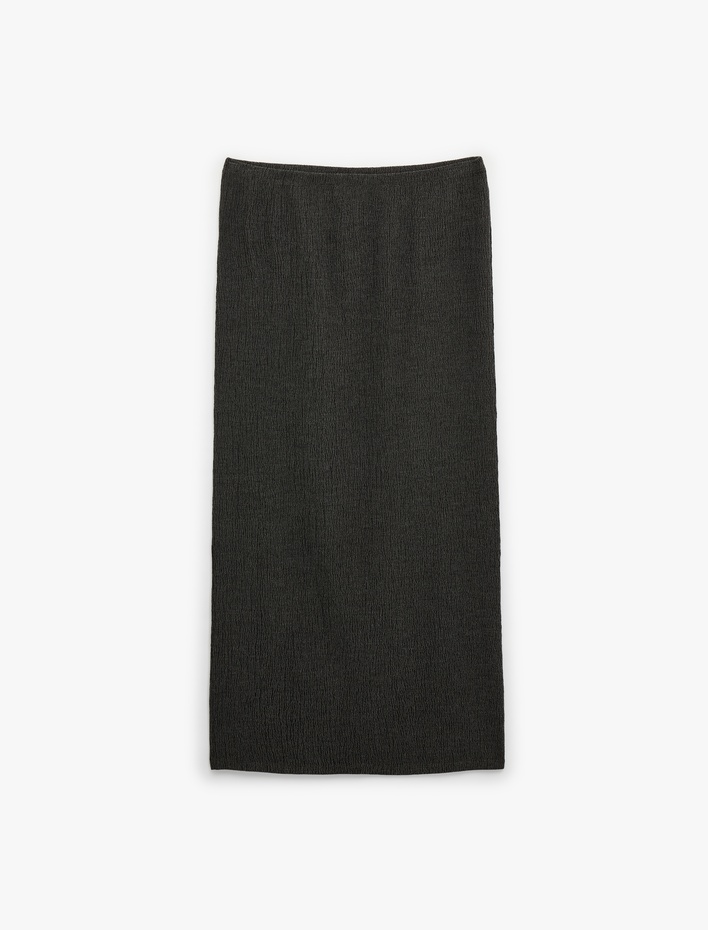  Bürümcük Kumaş Slim Fit Fiyonk Detaylı Midi Etek