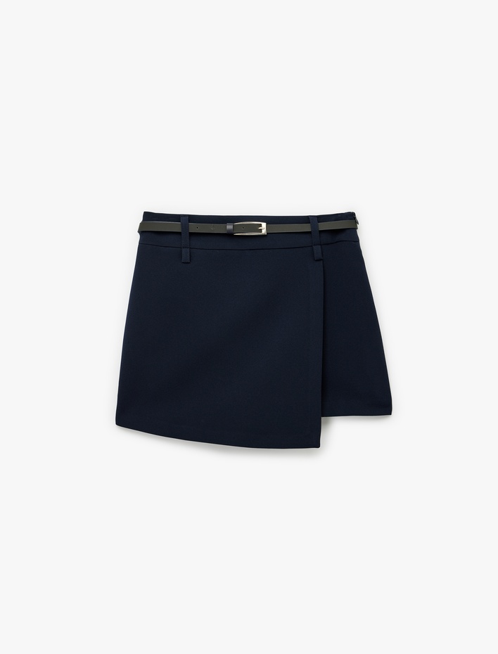  Kemer Detaylı Kruvaze Mini Şort Etek