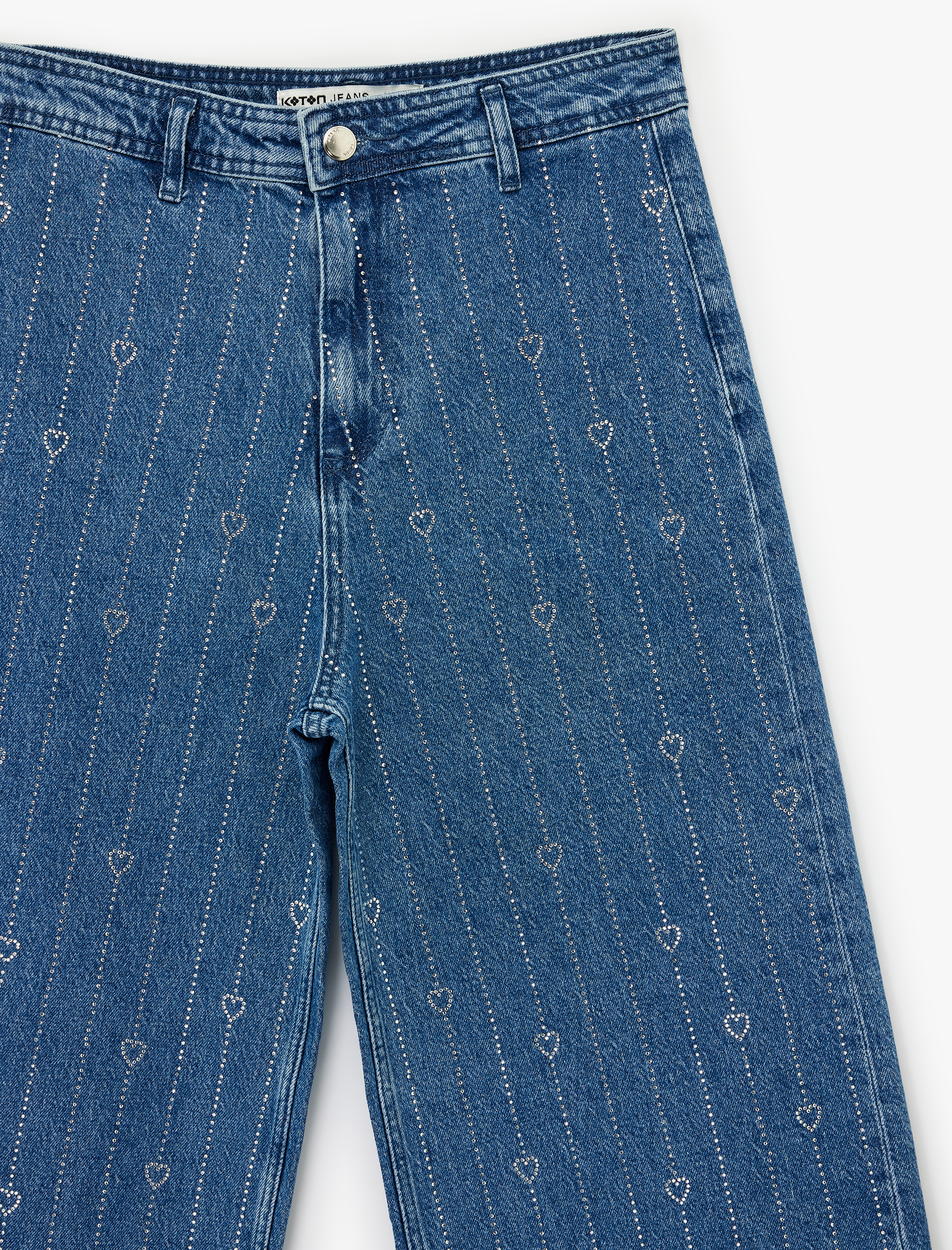   Yüksek Bel Taş Detaylı Kalpli Kısa Geniş Paça Denim Pantolon - Culotte Jeans