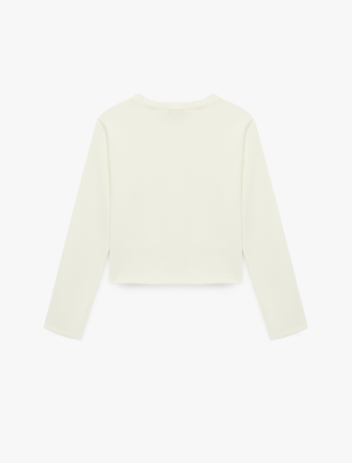  Uzun Kollu Gold Düğmeli Aplike Detaylı Yuvarlak Yaka Hırka