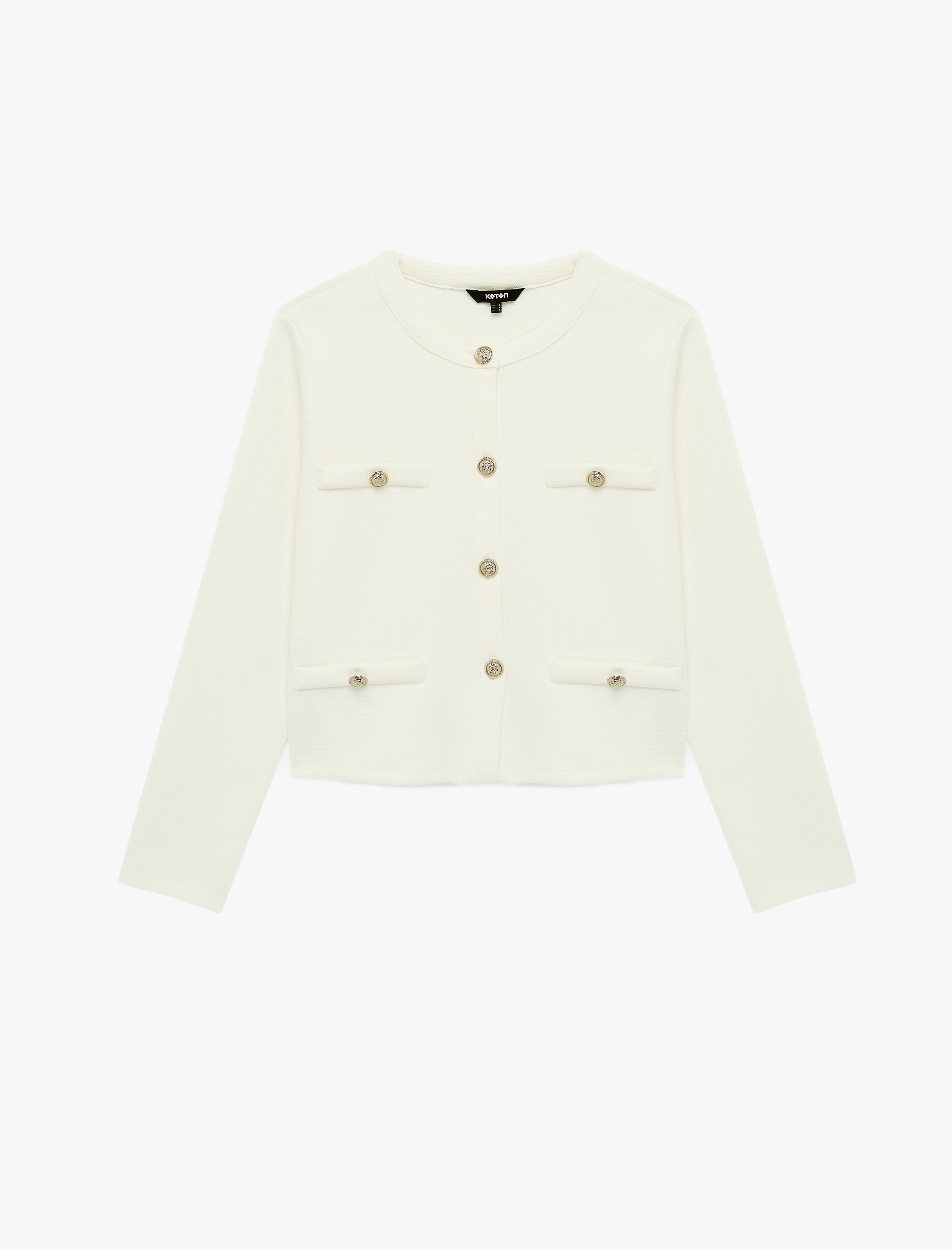   Uzun Kollu Gold Düğmeli Aplike Detaylı Yuvarlak Yaka Hırka