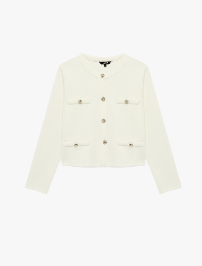  Uzun Kollu Gold Düğmeli Aplike Detaylı Yuvarlak Yaka Hırka