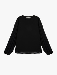 Uzun Kollu Pile Detaylı Bisiklet Yaka Şifon Bluz