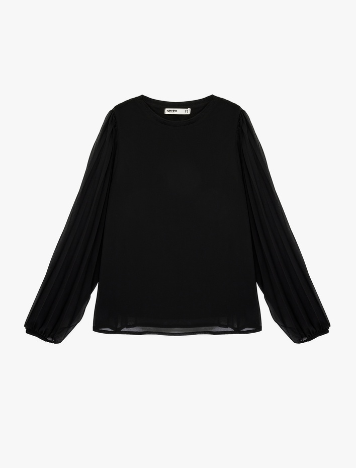  Uzun Kollu Pile Detaylı Bisiklet Yaka Şifon Bluz