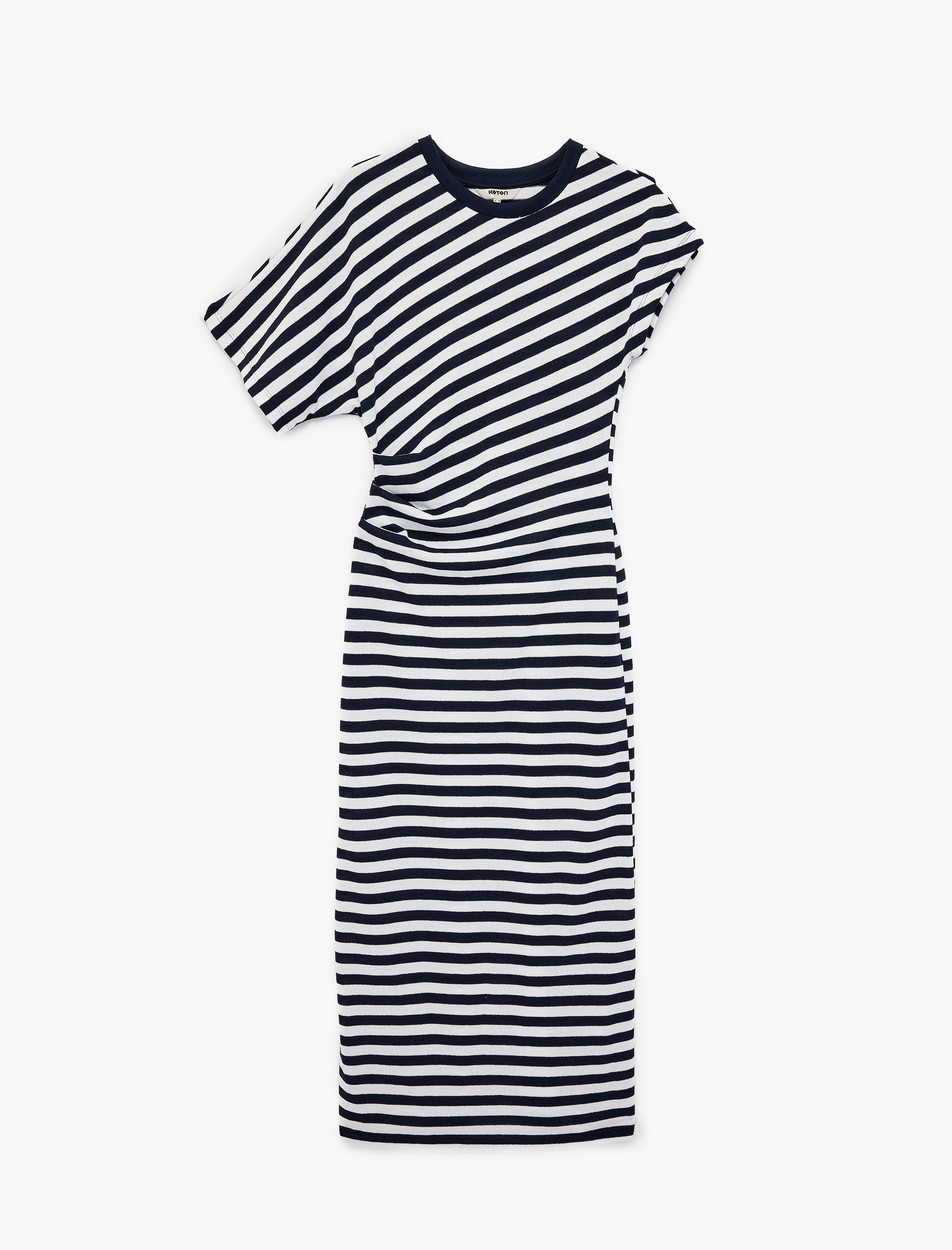   Kısa Kollu Bisiklet Yaka Drape Detaylı Çizgili Midi Elbise