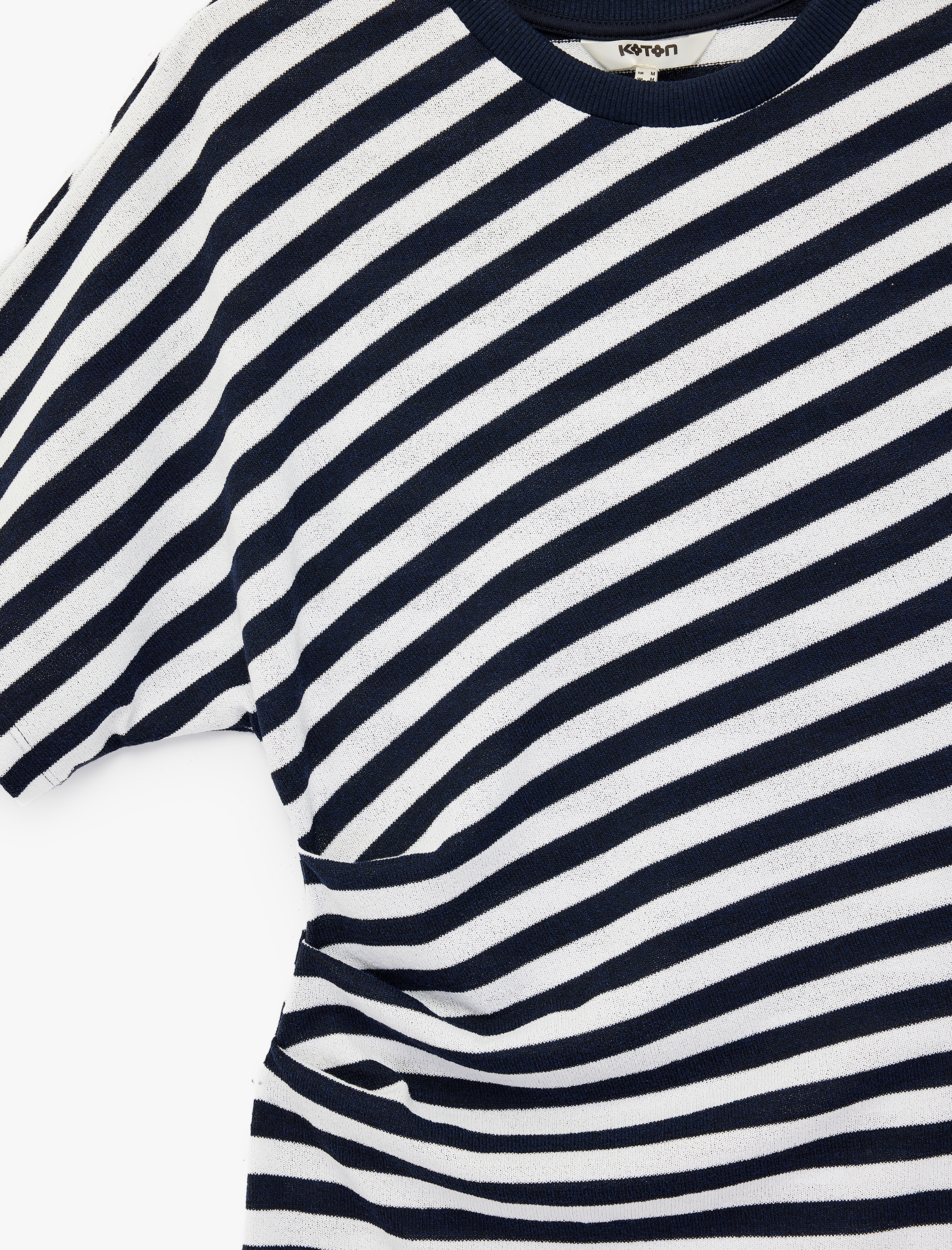   Kısa Kollu Bisiklet Yaka Drape Detaylı Çizgili Midi Elbise