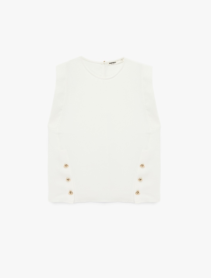  Krep Kumaş Bisiklet Yaka Metal Aksesuarlı Kolsuz Bluz