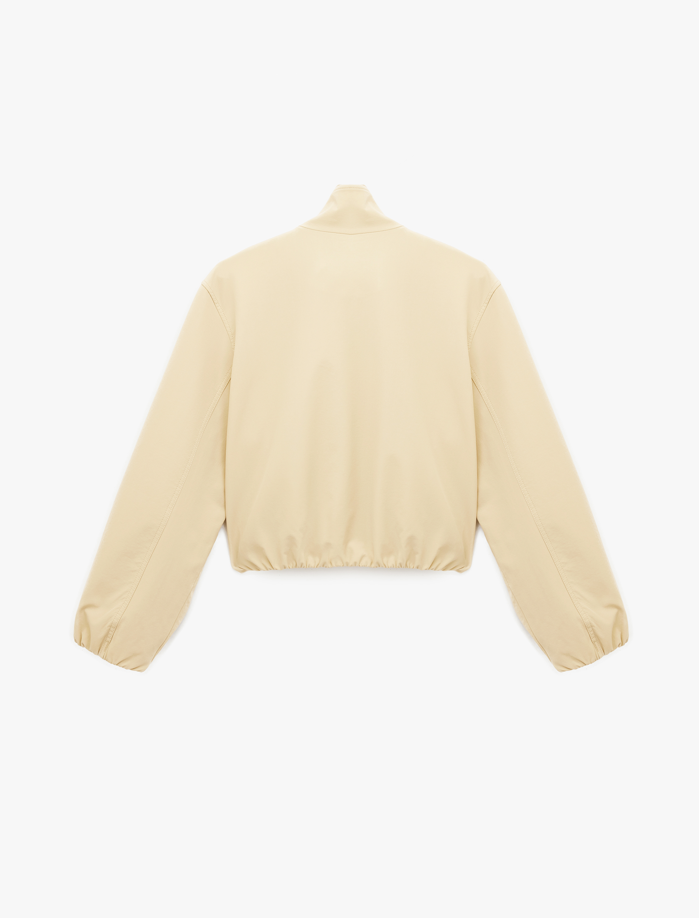   Uzun Kollu Cepli Fermuarlı Dik Yaka Crop Gabardin Bomber Ceket