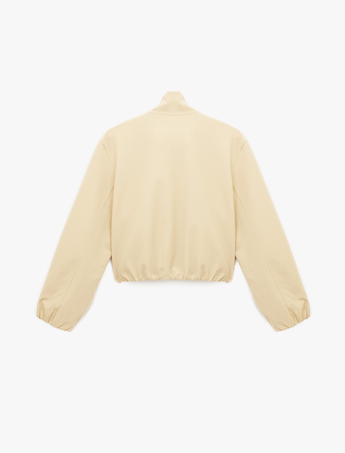  Uzun Kollu Cepli Fermuarlı Dik Yaka Crop Gabardin Bomber Ceket
