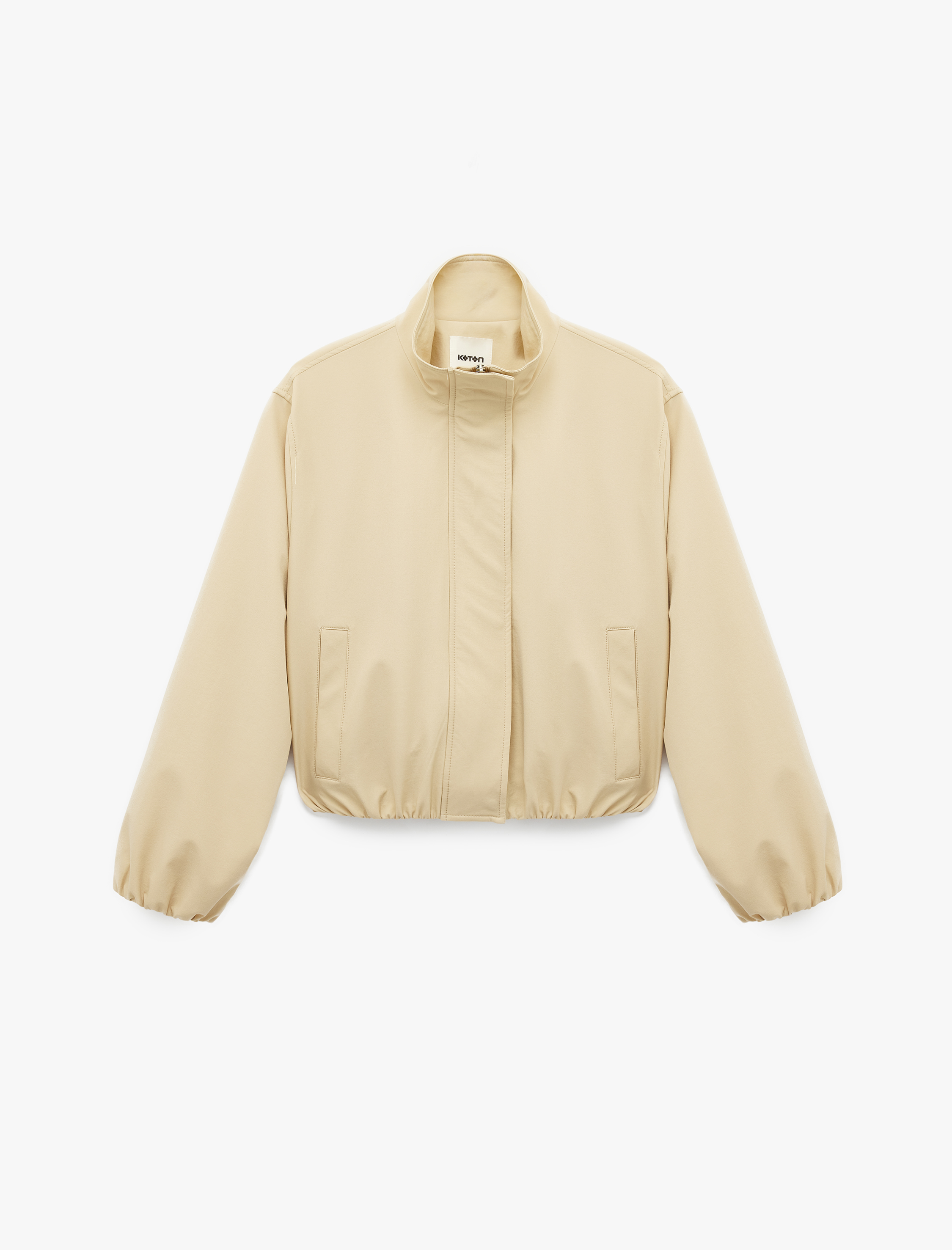   Uzun Kollu Cepli Fermuarlı Dik Yaka Crop Gabardin Bomber Ceket