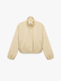 Uzun Kollu Cepli Fermuarlı Dik Yaka Crop Gabardin Bomber Ceket