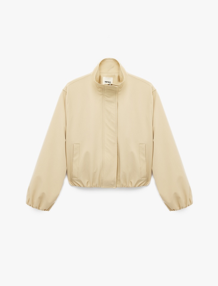  Uzun Kollu Cepli Fermuarlı Dik Yaka Crop Gabardin Bomber Ceket