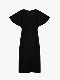 Krep Scuba Kumaş Kısa Yarasa Kollu Yırtmaçlı V Yaka Midi Elbise