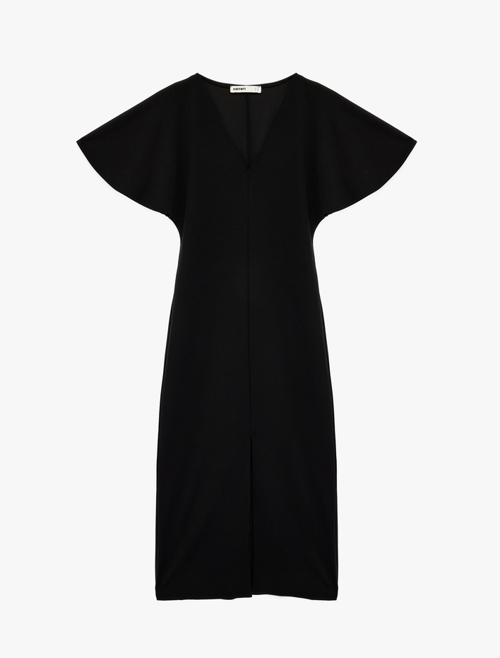  Krep Scuba Kumaş Kısa Yarasa Kollu Yırtmaçlı V Yaka Midi Elbise