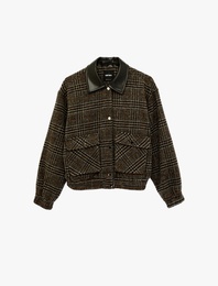 Düğmeli Cepli Suni Deri Yaka Detaylı Crop Ekose Bomber Ceket