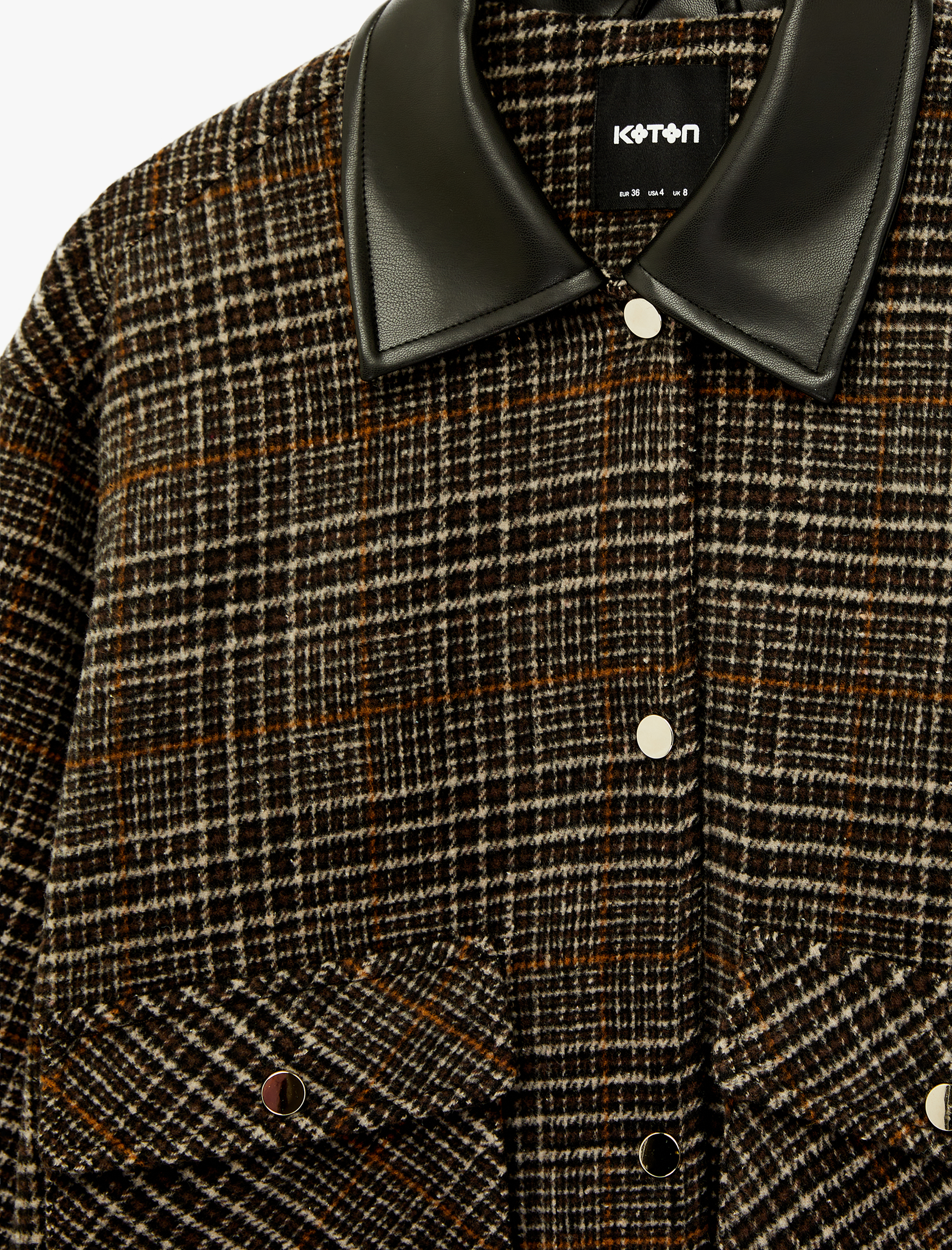   Düğmeli Cepli Suni Deri Yaka Detaylı Crop Ekose Bomber Ceket