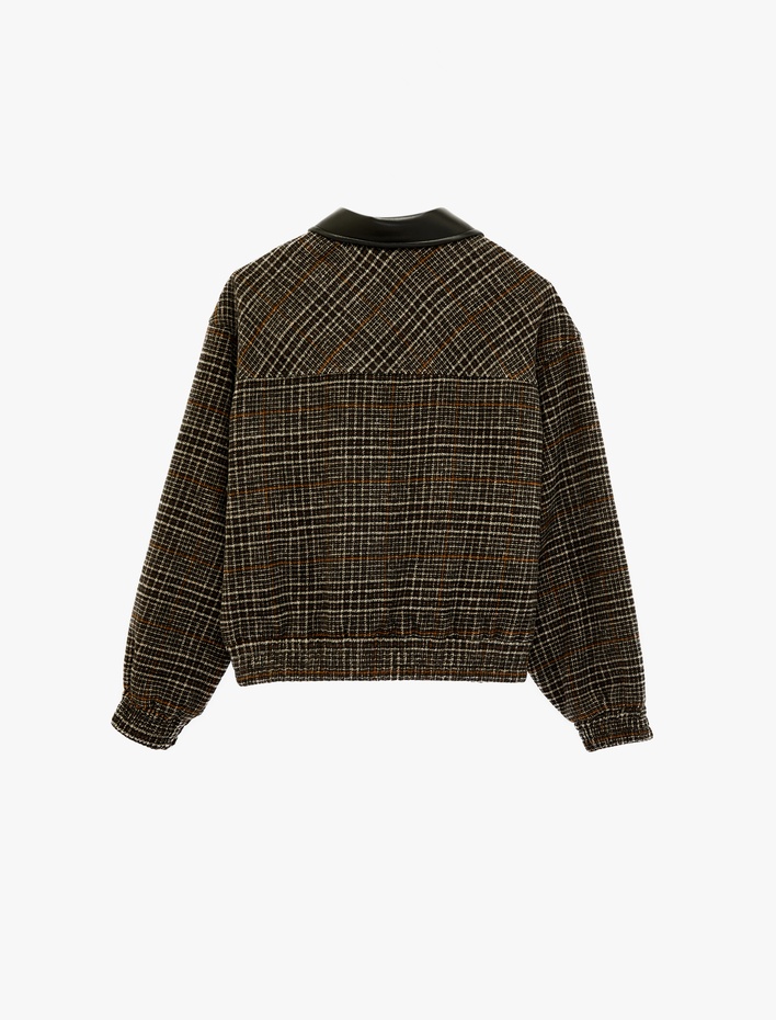  Düğmeli Cepli Suni Deri Yaka Detaylı Crop Ekose Bomber Ceket