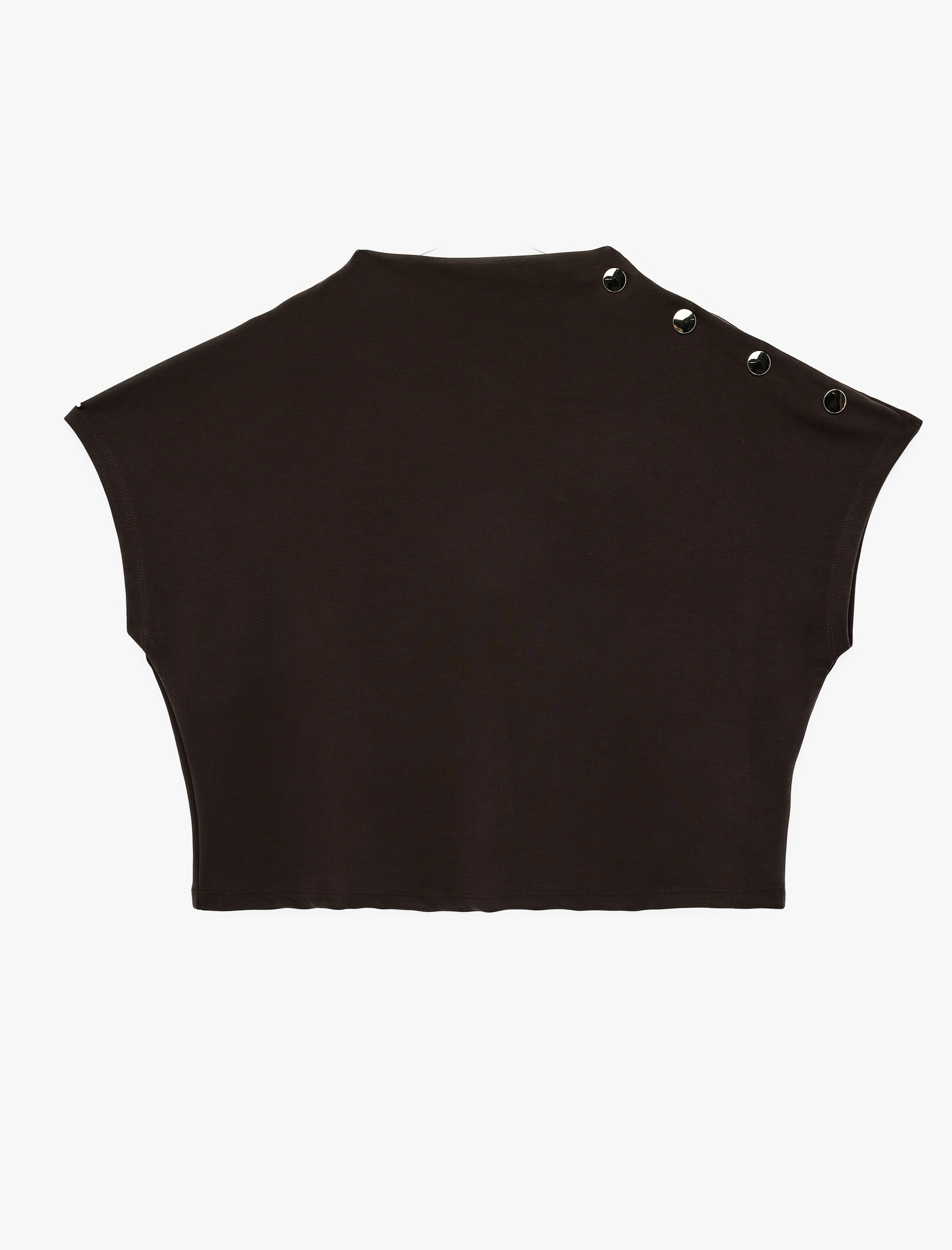   Modal Kumaş Aksesuar Düğme Detaylı Hafif Dik Yaka Kolsuz Tişört