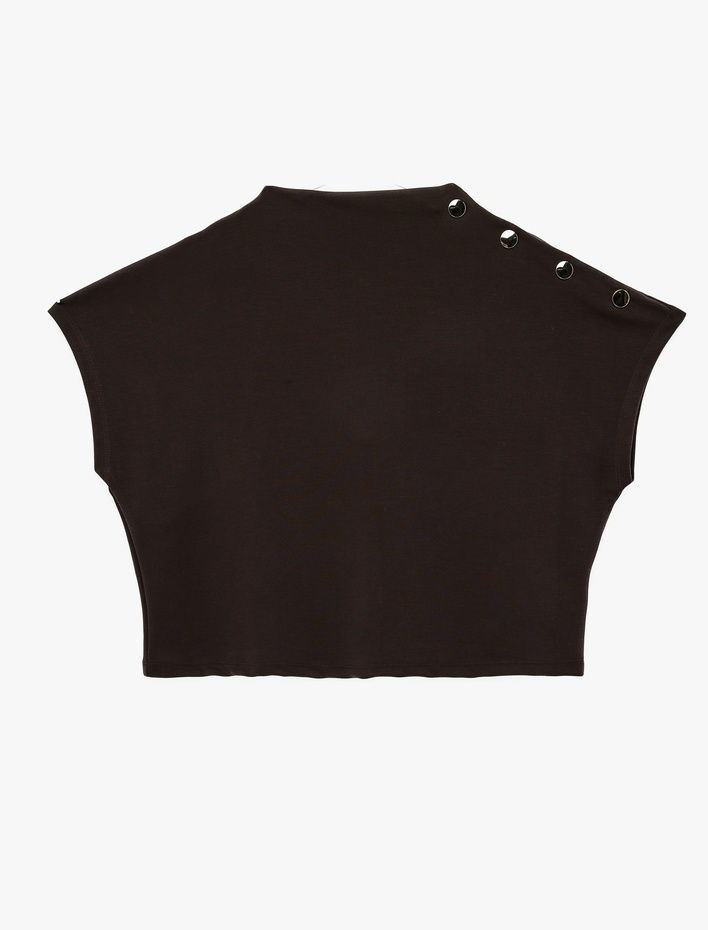  Modal Kumaş Aksesuar Düğme Detaylı Hafif Dik Yaka Kolsuz Tişört