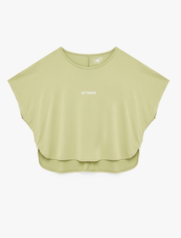  Rahat Kalıp Kısa Kollu Bisiklet Yaka Baskılı Modal Crop Spor Tişört