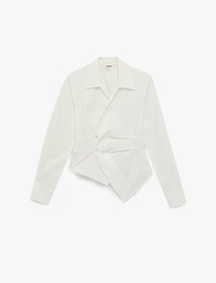 Pamuklu Slim Fit Uzun Kollu Asimetrik Kesim Kruvaze Poplin Gömlek