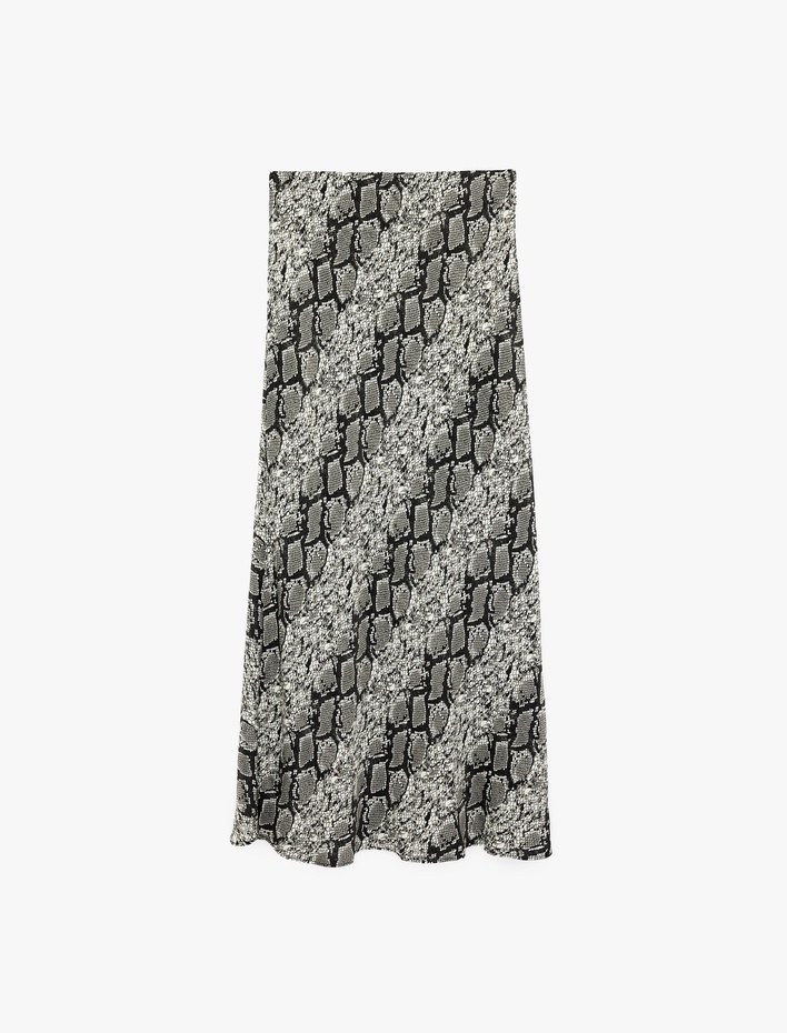  Kloş Kesim Yılan Desenli Midi Saten Etek