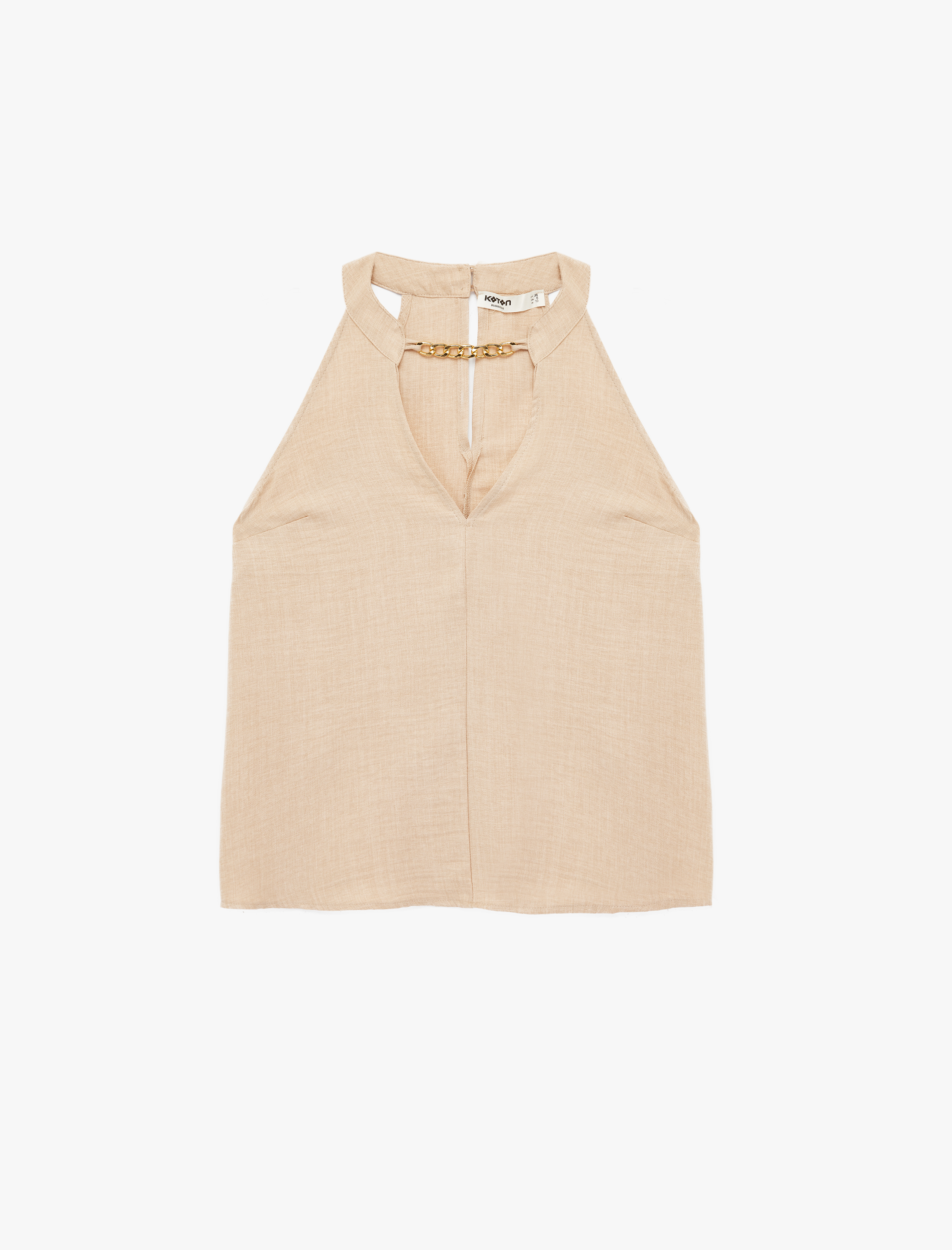   Metal Zincir Aksesuarlı Pencere Detaylı Kolsuz Halter Yaka Bluz