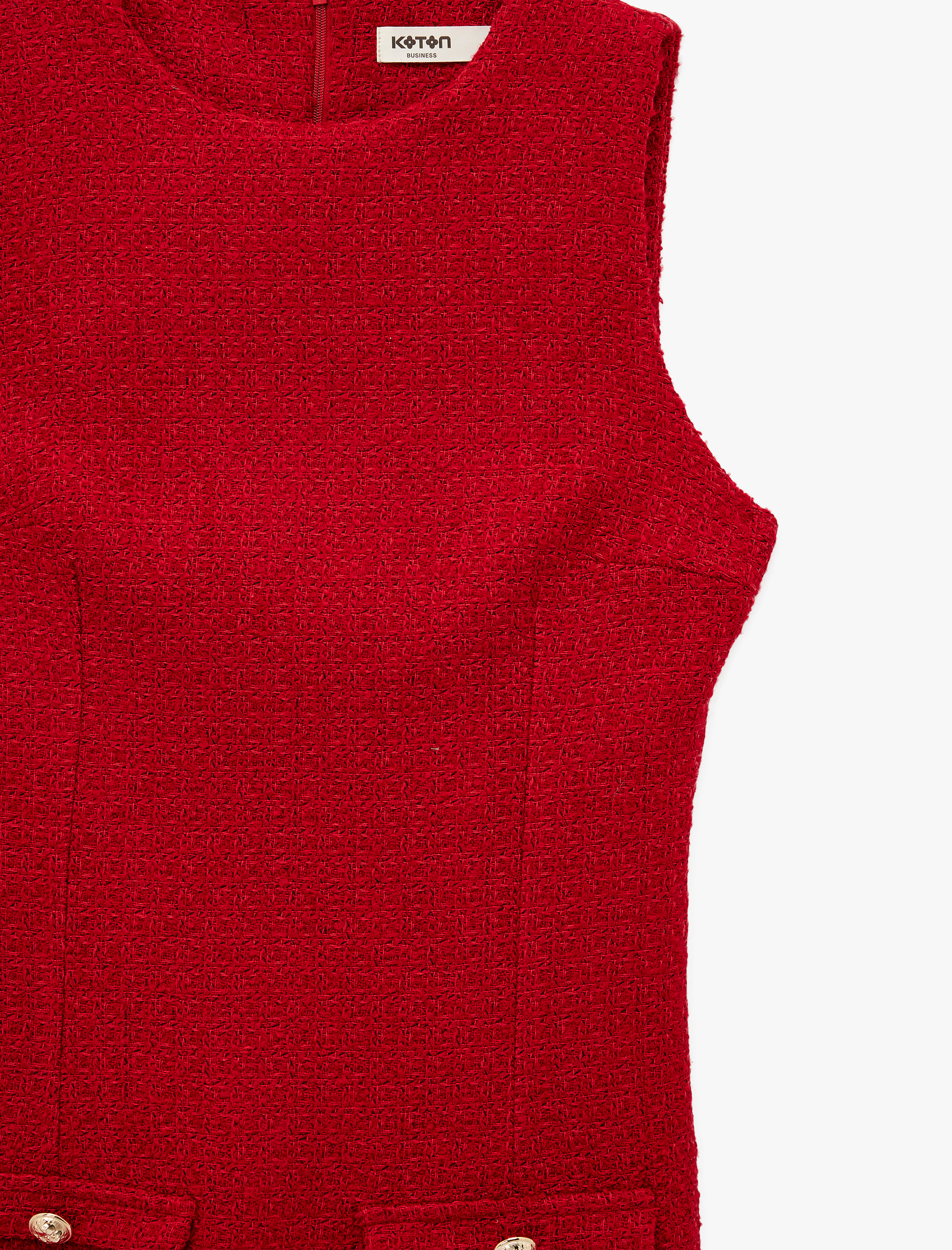   A Kesim Metal Aksesuarlı Fleto Cepli Kolsuz Bisiklet Yaka Mini Tüvit Elbise