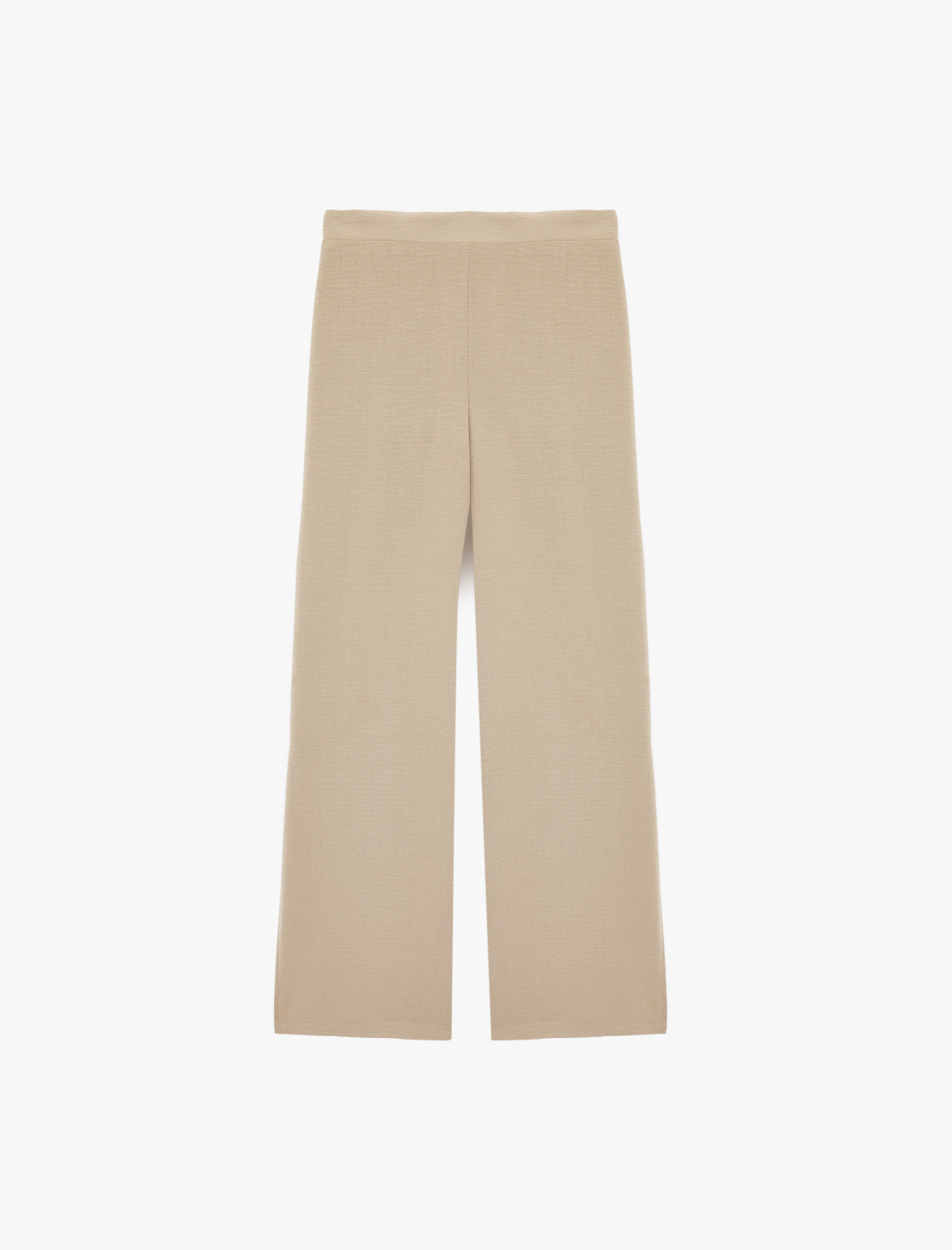   Beli Lastikli Yanları Yırtmaç Detaylı Düz Geniş Paça Pantolon