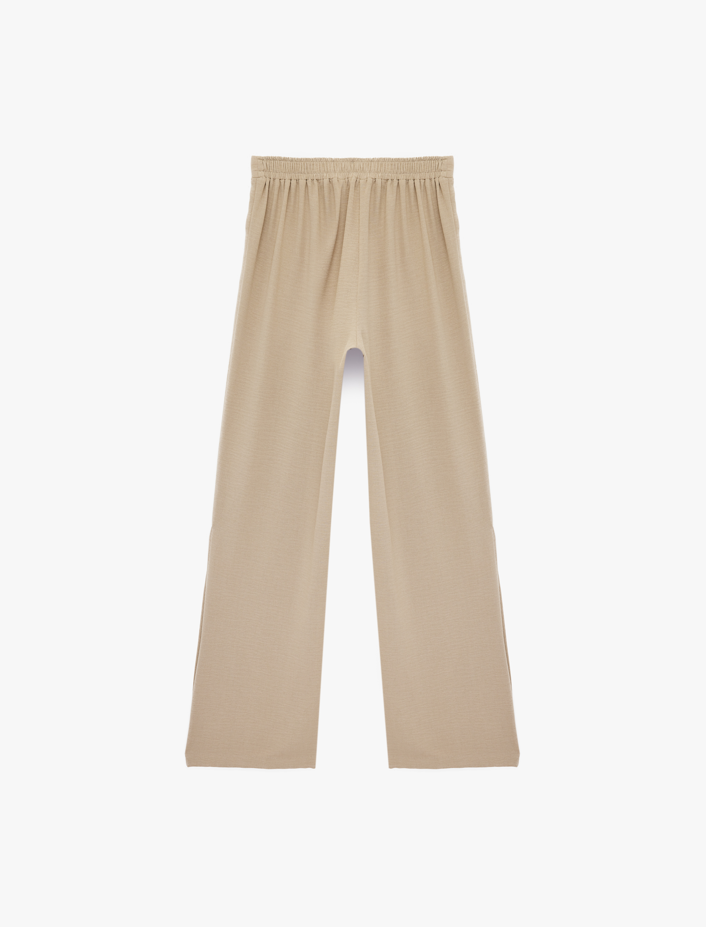   Beli Lastikli Yanları Yırtmaç Detaylı Düz Geniş Paça Pantolon