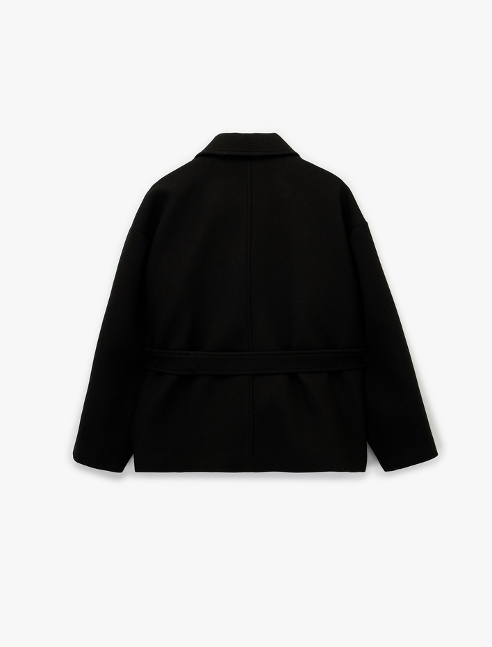  Uzun Kollu Düğmeli Cepli Kruvaze Kemerli Kısa Kaşe Kaban