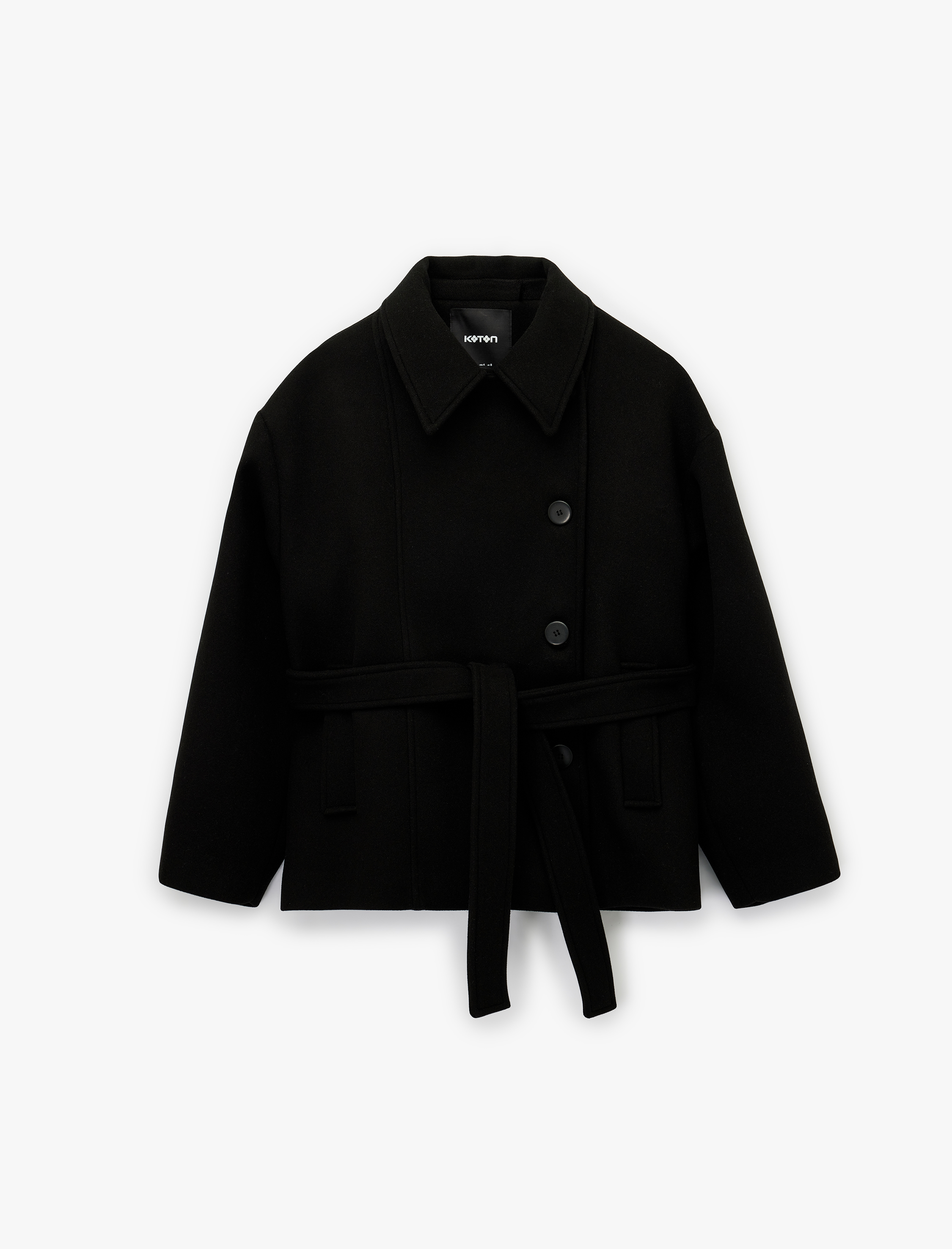   Uzun Kollu Düğmeli Cepli Kruvaze Kemerli Kısa Kaşe Kaban